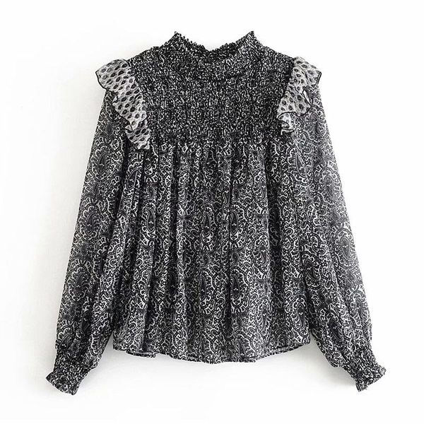 

women's blouses & shirts women vintage floral print chiffon stylish ruffled long sleeve blouse stand collar pleated ladies casual, White