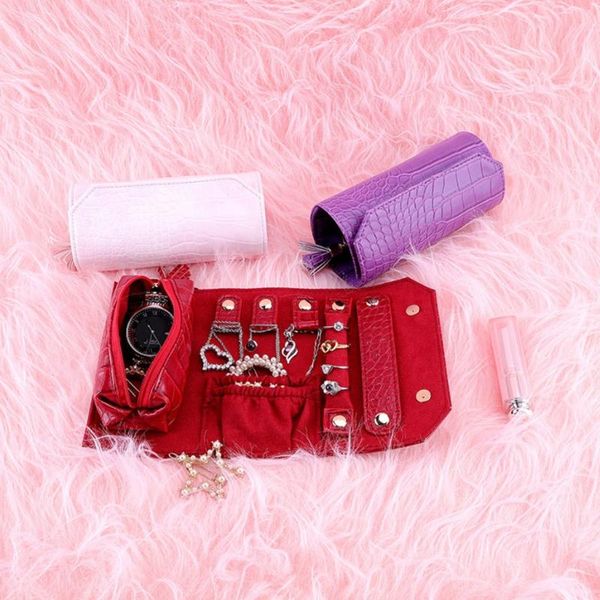 

jewelry pouches, bags 2021 portable travel organizer box roll pu leather jewellery storage pouch trend, Pink;blue