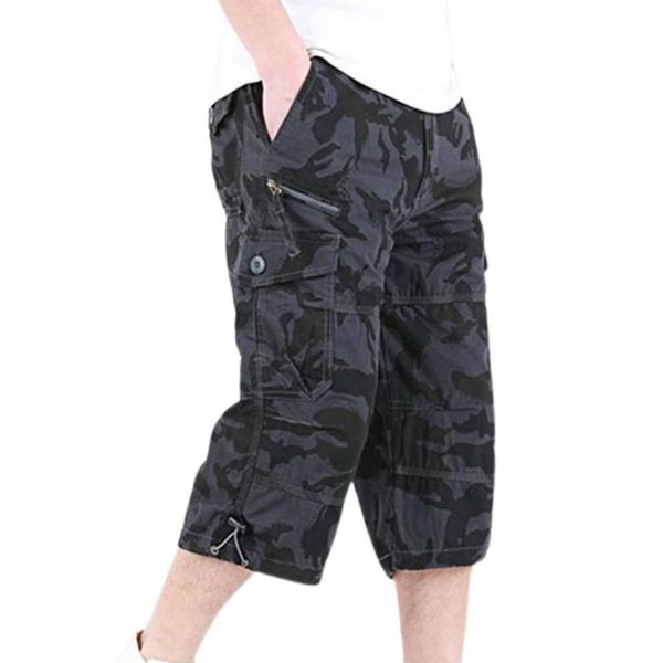 

men's pants summer men casual elastic waist multi pockets capri plus size high straight cargo shorts streetwear, Black