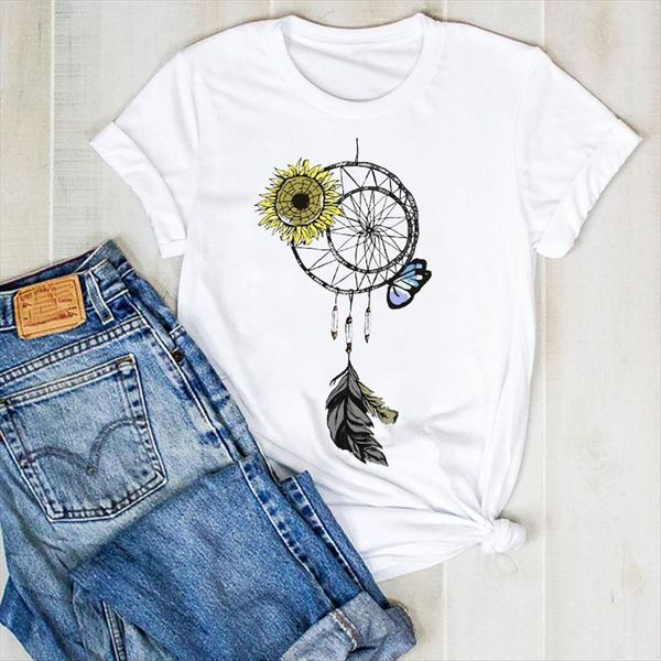 

sunflower feather cute fashion womens print summer tee clothes graphic, White