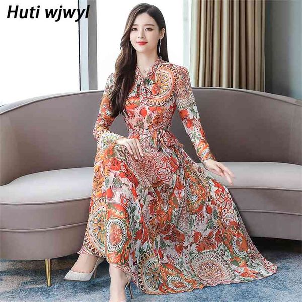 

vintage 3xl plus size boho midi dress autumn winter print chiffon beach women full sleeve casual party maxi vestidos 210528, Black;gray