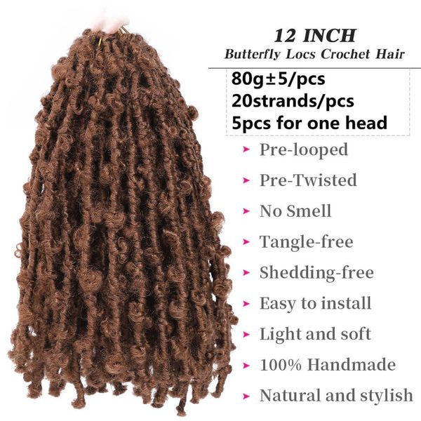 Locais de borboleta Crochet Hair 12 polegadas Shrot pré-loop Dreads Dreads Dreadles Fluffy Locks Dreadlocks Butterflies Faux