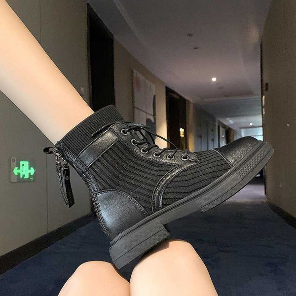 

autumn and winter women's boots motorcycle shoes fly woven stitched zipper children's english short, Black