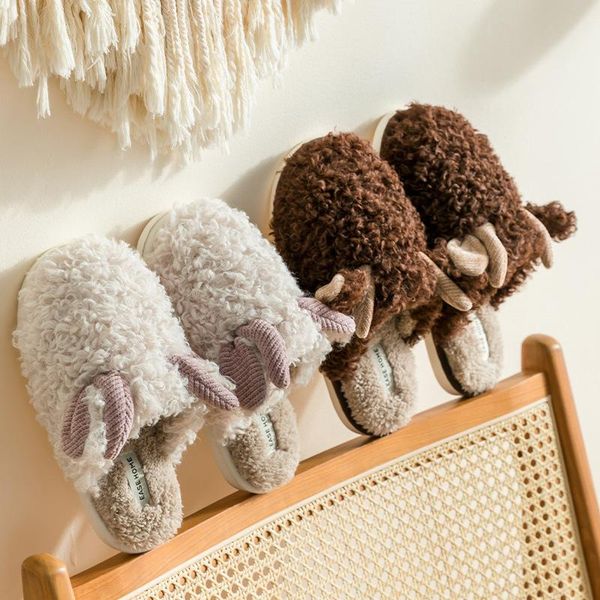 

fashion women fur home slippers quality suede flat cotton shoes man plush couple bedroom slides furry indoor, Black