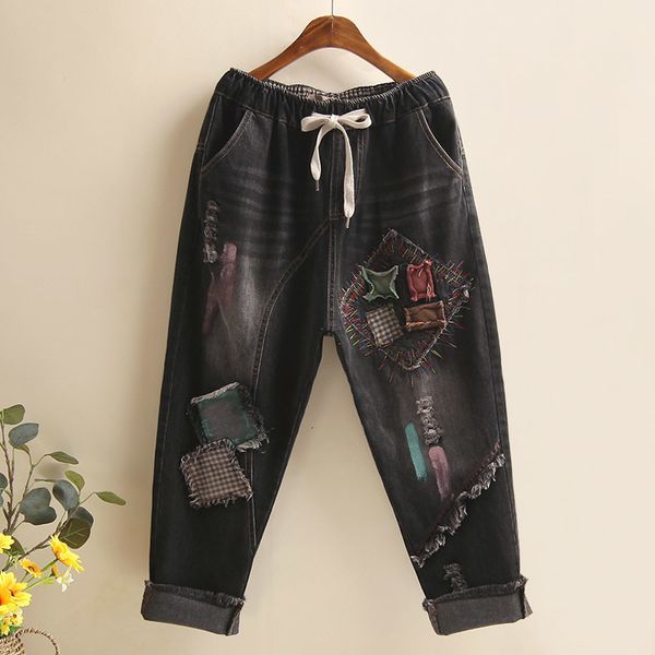 

jeans high belt harm rowed wife of vintage patchwork black brim ladies'brim pants denim jeans mujer, Blue
