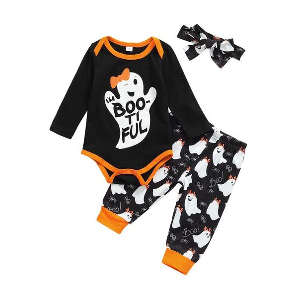 

clothing sets 0-24m baby girls 3pcs halloween outfits long sleeve ghost letter romper + pants headband set infant clothes, White