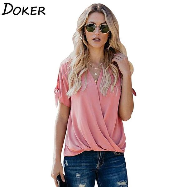 

loose folds solid color v neck short sleeve women casual office shirt female streetwear plus size blouse 210423, White