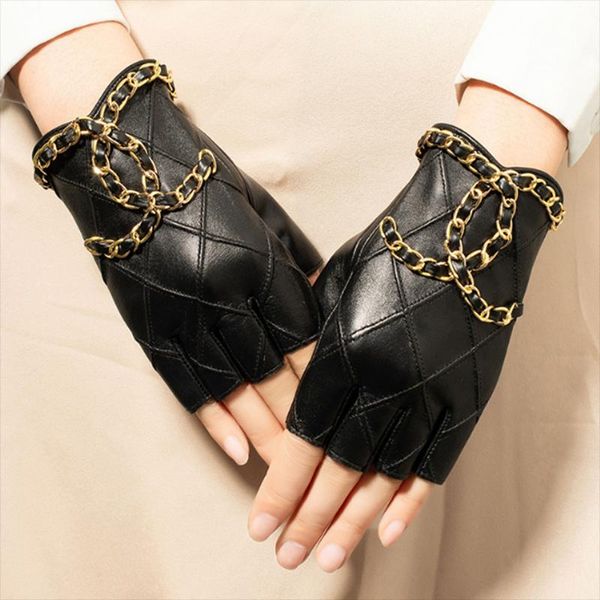 

sports gloves 2021 2pcs women's genuine leather half with metal chain skull punk motorcycle biker fingerless glove cool touch, Black