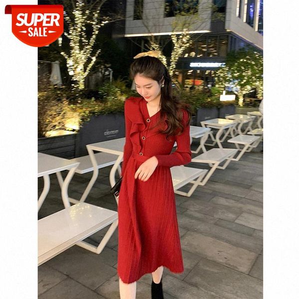 

[new year's dress] sweet ruffled waist knit dress women's mid-length skirt #rh6i, White;black