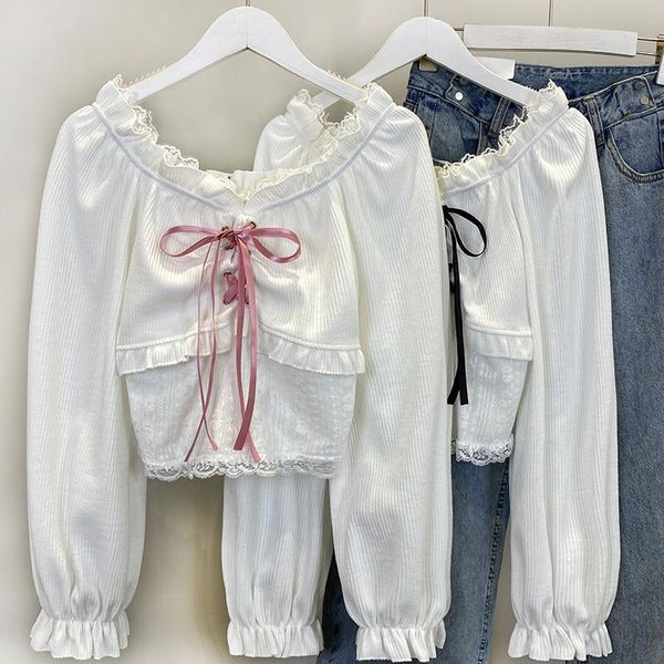 

women's blouses & shirts frenc chic sweet blouse woman drawstring long sleeve white blusas women crop lace causal 2022 trend