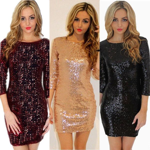 

casual dresses 2021 fashion womens christmas o- back long sleeve stretch sequin bodycon party mini dress us, Black;gray