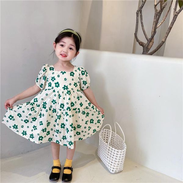 

girl's dresses toddler girls summer korean style square collar short sleeve floral print dress cute kids casual princess vestidos, Red;yellow