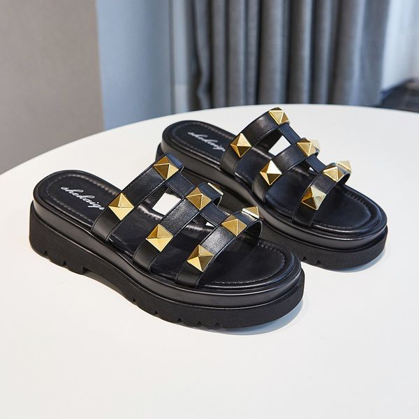 

slippers beach shoes women's for home platform woman fashion slides female heel rivet ladies' women heels 40 3zz8, Black