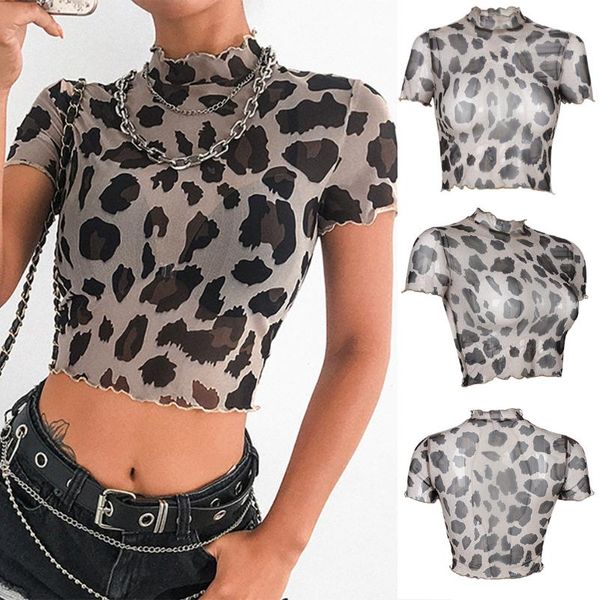 

women's t-shirt leopard printed mesh hollow perspective short sleeve khaki, White