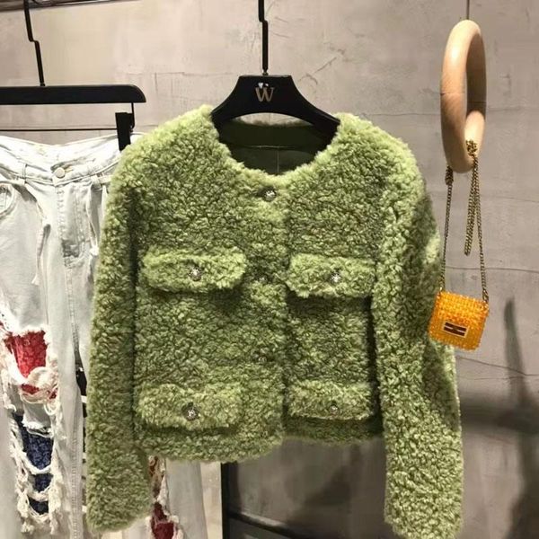 

women's fur & faux genuine wool jacket o-neck collar women coat winter 100% real sheep clothes short length pocket decoration pure colo, Black