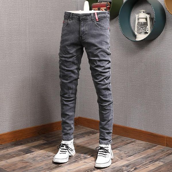 

men's jeans streetwear designer casual trousers fashion men retro dark gray elastic slim ripped korean denim pencil pants, Blue