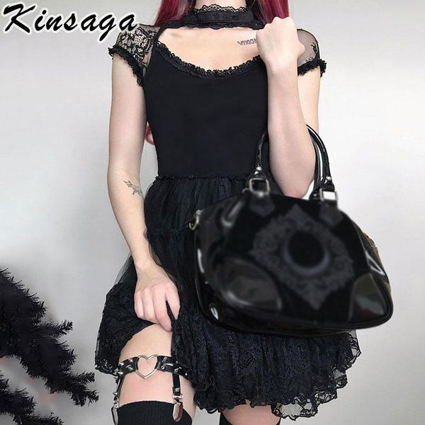 

women's t-shirt black mall goth lace collar short sleeve t-shirts dark academia gothic punk transparent mesh tees summer thin low cut t, White
