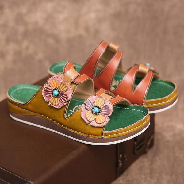 

flower women's sandals retro dimensional material stitching vintage wedge shoes beach summer sandalias mujer, Black