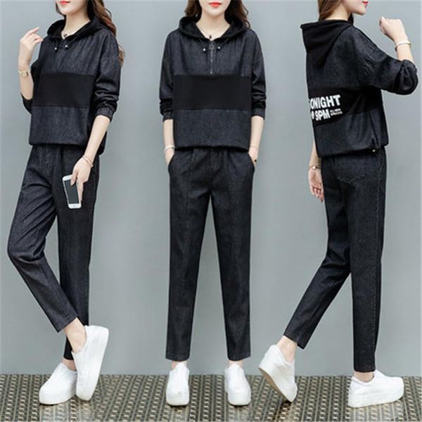 

women's two piece pants spring autumn sports fashion suit hooded stitching pullover blouse + elastic waist nine-point two-piece female, White
