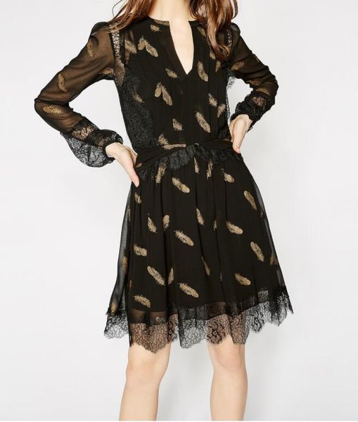 

casual dresses black dress gold metallic feather print v-neck long sleeve lace embroidered detail trim short, Black;gray