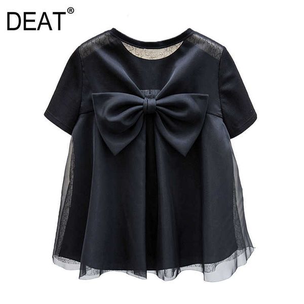

[deat] summer fashion round neck solid color bow short sleeve net yarn loose temperament women t-shirt 13c824 210527, White
