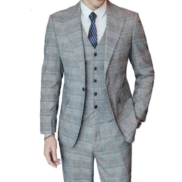 

men's suits & blazers ( jacket + vest pants ) luxury plaid fashion groom wedding dress stage 3 piece set mens business casual gray tuxe, White;black