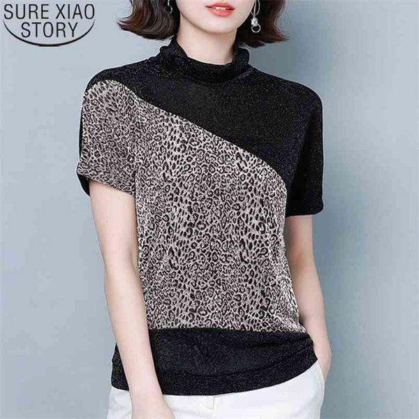 

silver leopard print short sleeve blouse turtleneck shirt bat spring women fashion bright yarn bottoming 12852 210506, White