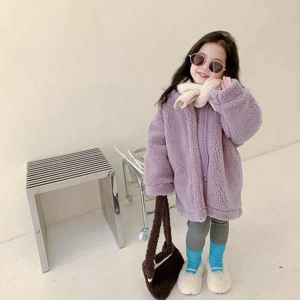

jackets girls lambswool coats 2022 autumn winter solid color hooded sweet jacket kids thick warm overcoat children outerwear, Blue;gray