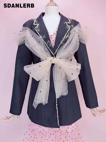 

women's suits & blazers suit jacket for women spring autumn korean style sweet long sleeve coat mesh stitching bow hollow backless blaz, White;black