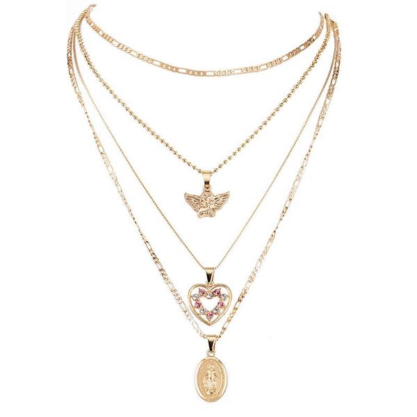 

pendant necklaces women angel heart pink crystal virgin mary clavicle chain multilayer gold necklace set engagement jewelry gift, Silver