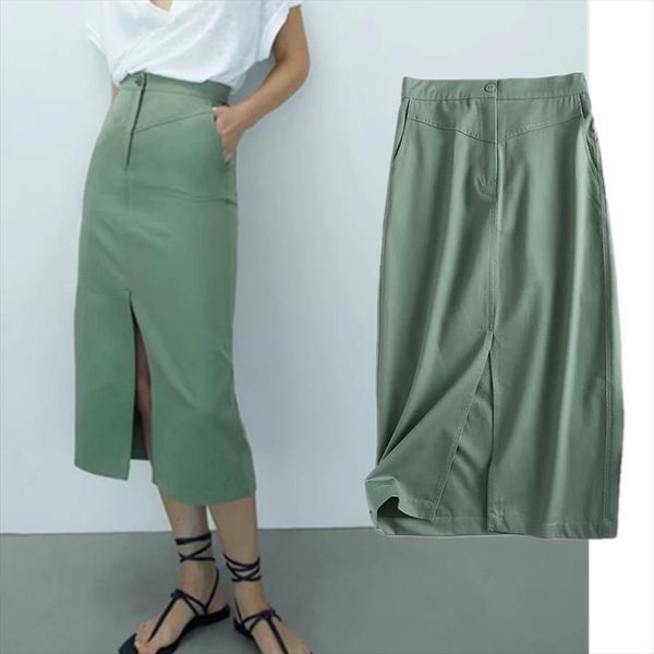

withered enlgand style fashion womens skirt solid elegant forking cotton high waist midi women faldas mujer moda skirts, Black