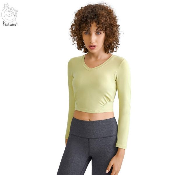 

yoga outfit yushuhua women chest pad included fitness shirt long-sleeve sport t-shirt running tight gym workout crop