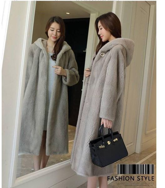 

women's fur & faux winter women jacket high-end fashion coat ladies plush warm thick long hooded large size parka female imitation mink, Black