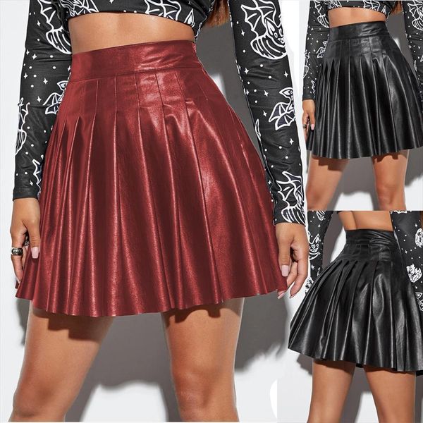 

short pu leather mini women skirts black red pleated female nightclub style