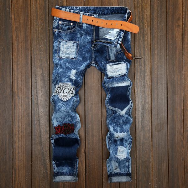 

jeans badge men's straight tube hole sticking cloth snowflake trousers, Blue