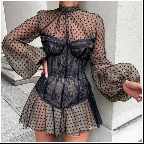 

fashion strapless see through womens tanks skinny lace ploka print black white party clubwear slim fit vest