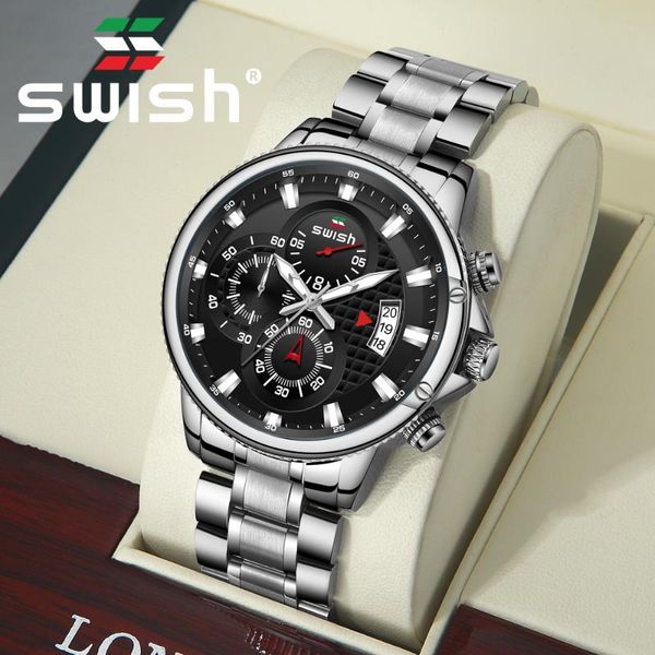 

wristwatches swish silver stainless steel quartz watches luxury men business wristwatch waterproof sport chronograph military watch 2021 saa, Slivery;brown