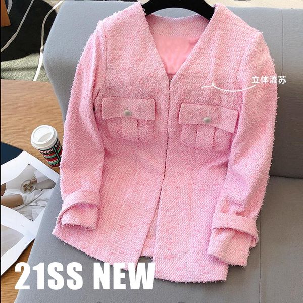 

women's jackets women medium long elegant sweet pink tweed coats runway v-neck cardigan 2021 spring autumn y370, Black;brown