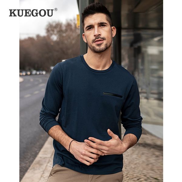 Kuegou 100% algodão outono primavera roupas mens camiseta manga longa sólida simples moda tshirt safira top plus size ZT-88093 210524