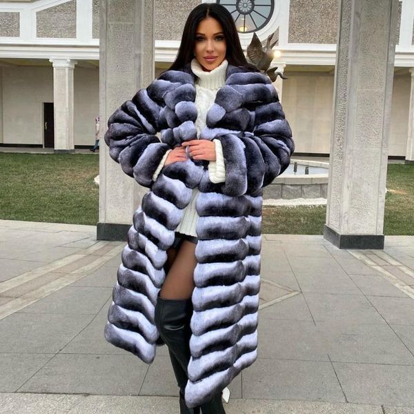 

women's fur & faux 120cm long real rex coat turn-down collar natural genuine outwear 2021 trendy, Black