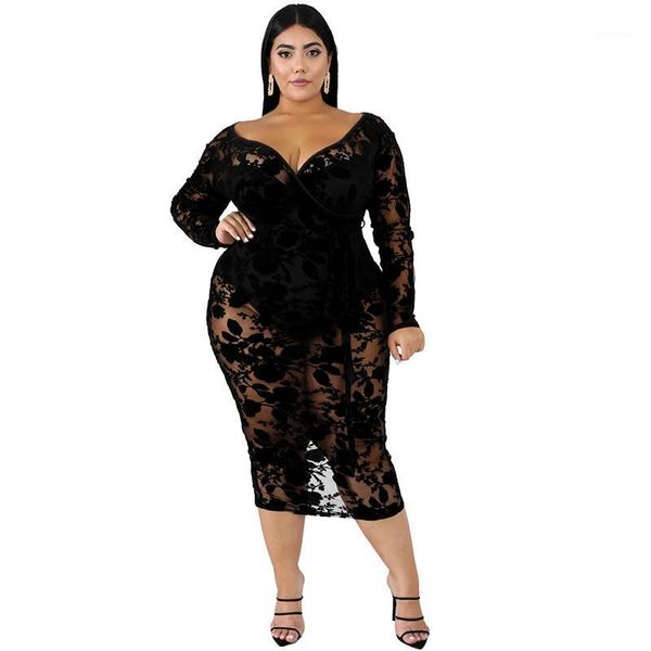 

casual dresses autumn women plus size elegant v neck sheer mesh floral midi bodycon dress long sleeve night club party 6xl, Black;gray