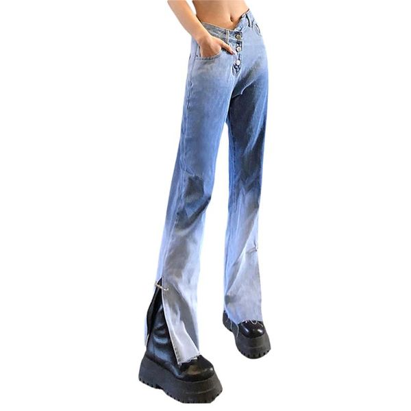 

women's jeans women straight leg jeans, trendy high waist gradient print split hem denim pants, Blue