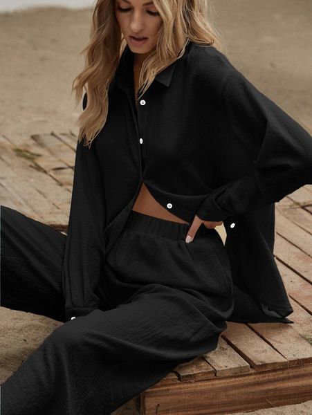 

slit hem longline blouse & wide leg pants set v5sf#, White