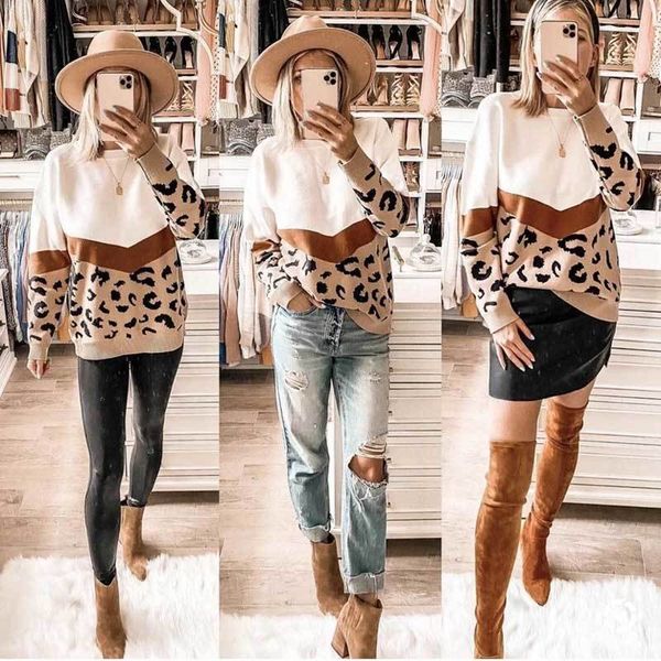 

inspired leopard sweater women long sleeve plus size knitted sweater women o-neck jersery casual jumper pullovers new 210412, White;black