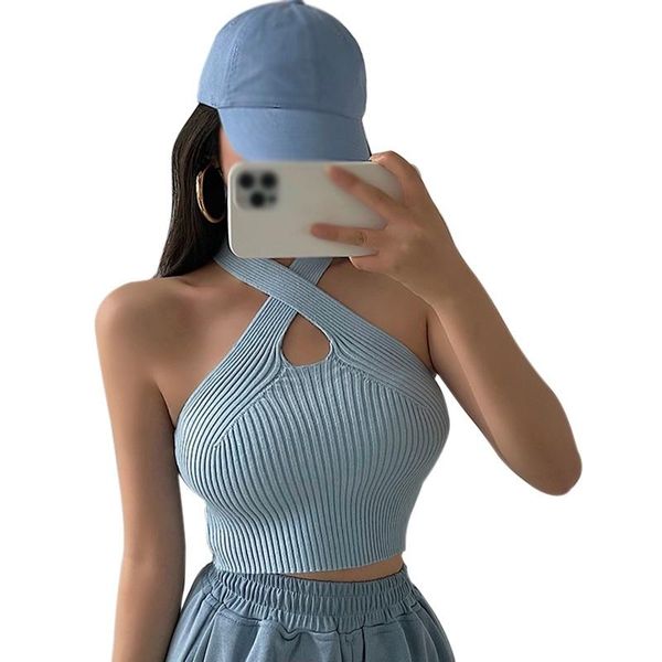 

women's tanks & camis female summer solid halter hollow out slim vest exposure navel camisole tank, White