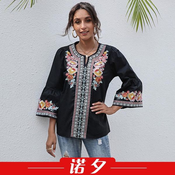 

women's fashion v-neck flower embroidery ruffle quarter sleeve t-shirt 1663 graphic t shirts, White