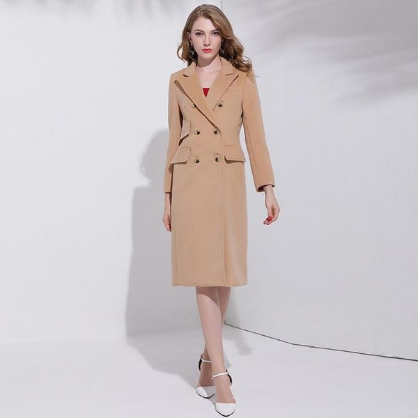 

women's wool & blends winter long coat women solid khaki turn down collar warm clothes windproof ladies, Black