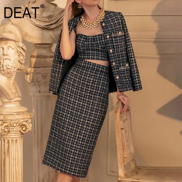 

[deat] half-body skirt three pieces suit new round neck long sleeve black plaid striped slim women fashion tide summer 210428, White