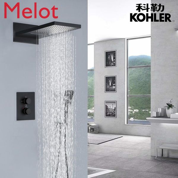 

shower copper into the wall embedded concealed constant temperature set three-function waterfall awning flying rain black bathroom sets