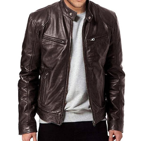 

fashion men pu leather jacket black brown stand-up collar zipper faux motorcycle autumn spring coats keep warm men's fur &